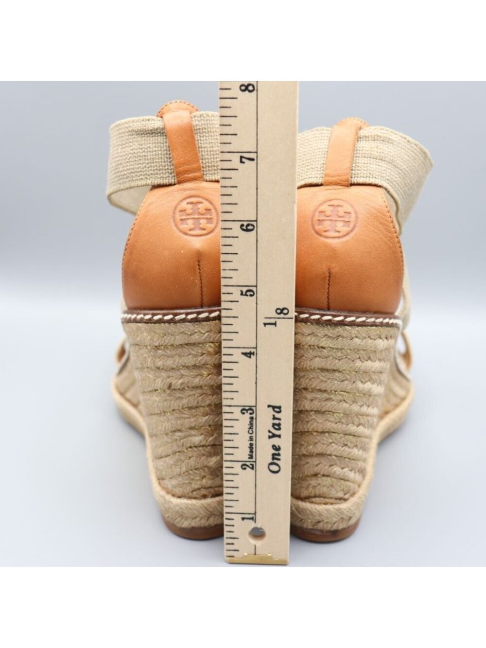 Tory Burch Frieda Platform Wedge Espadrille Sandals Beige Elastic Straps 9.5 B - Picture 2 of 16